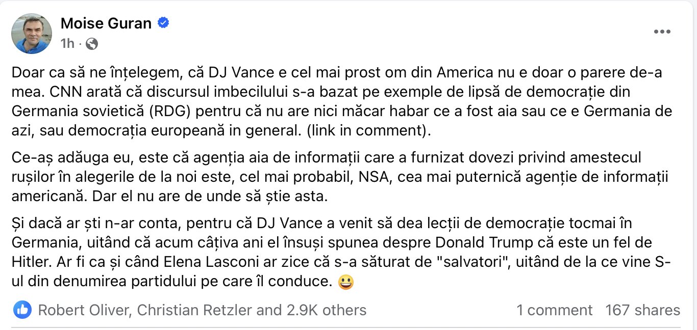 Guran spune că Vance e prost